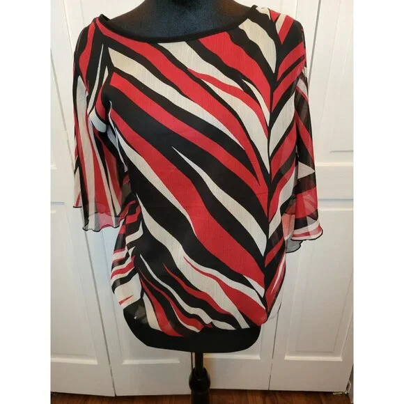 Red/Black Stripe Chiffon Blouson Blouse Cato 18/20 Boho Festive Brunch Church 00 - Picture 1 of 10